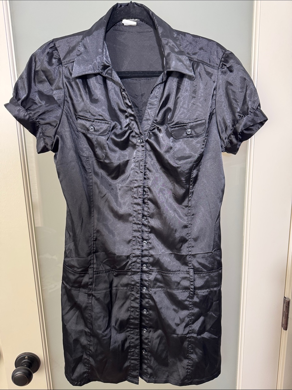 Black Satin Short-Sleeve Shirt Mini Dress